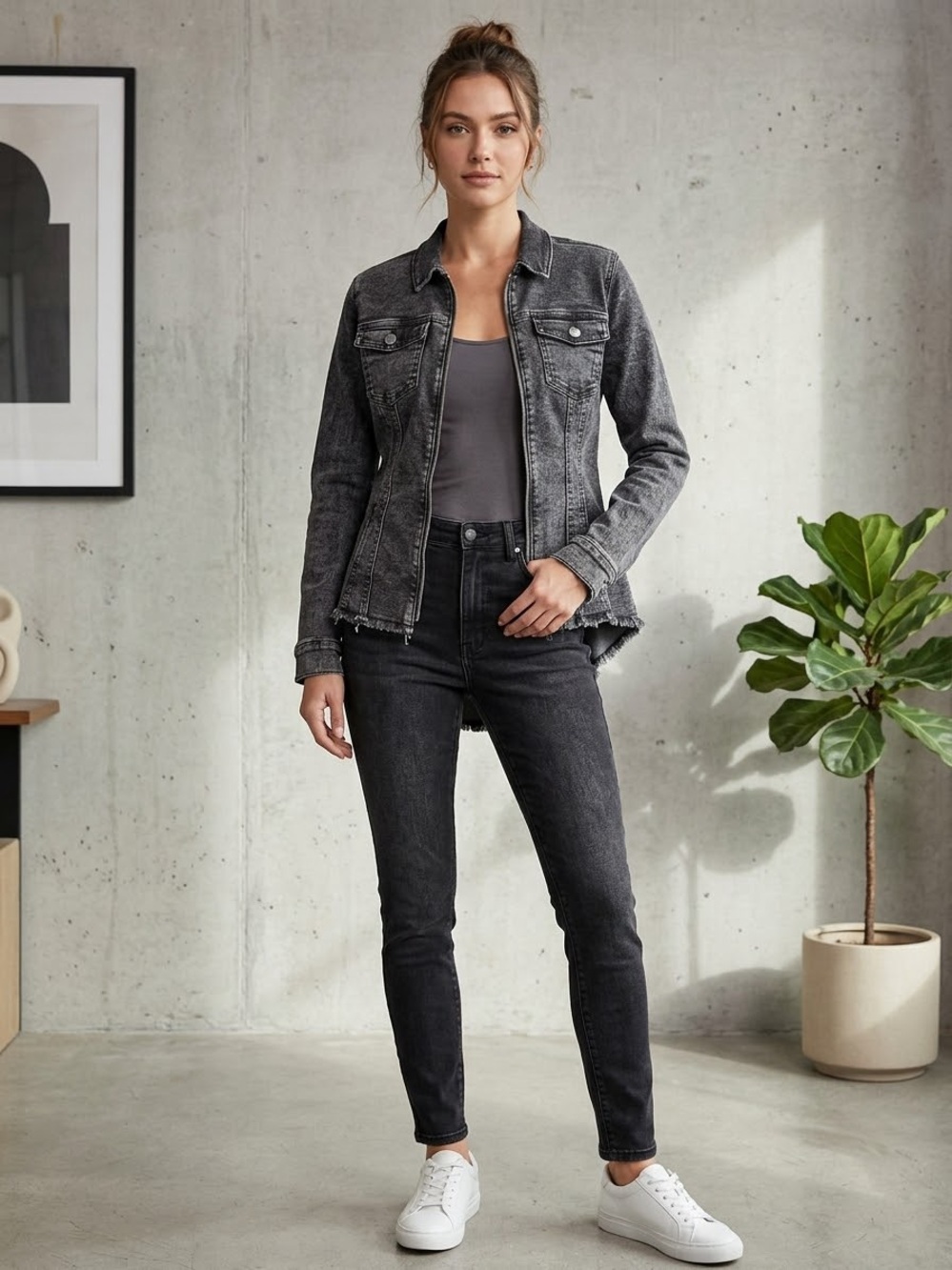 VENUS Washed Black Zip-Front Denim Jacket raw hem stretch 4 small tie back